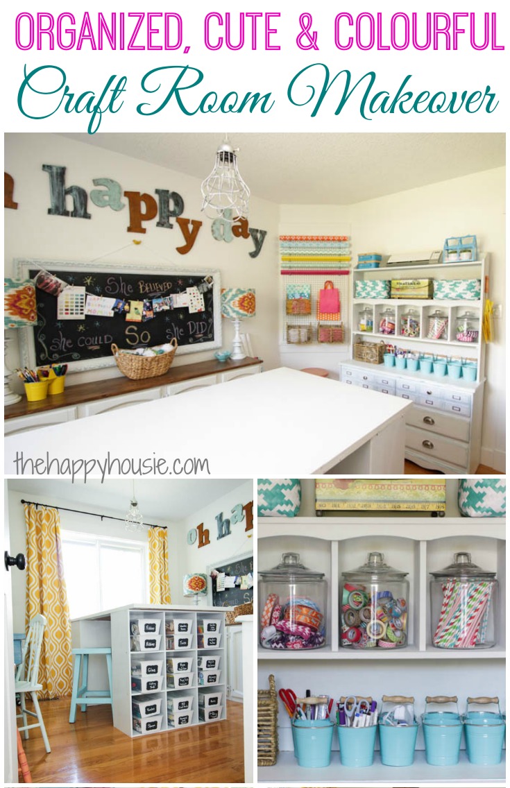 an adorable craft room makeover full of tons of thrifty ideas for storage and organization at thehappyhousie.com