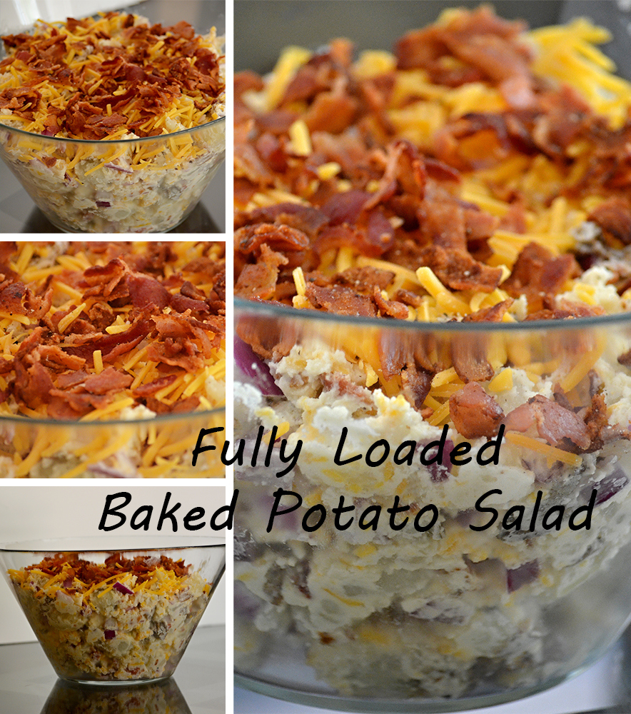 Potato salad in a clear bowl with bacon and cheddar cheese on top.
