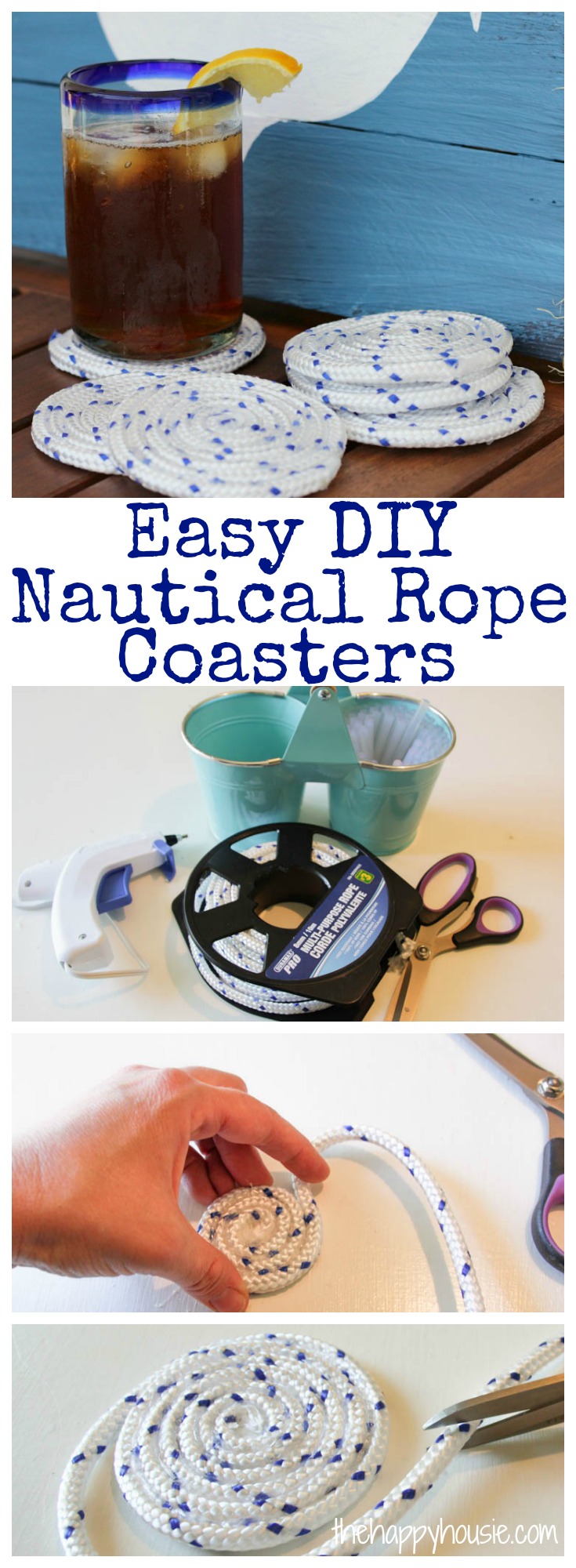 Super easy tutorial for how to make your own adorable outdoor coasters using nautical rope at thehappyhousie.com