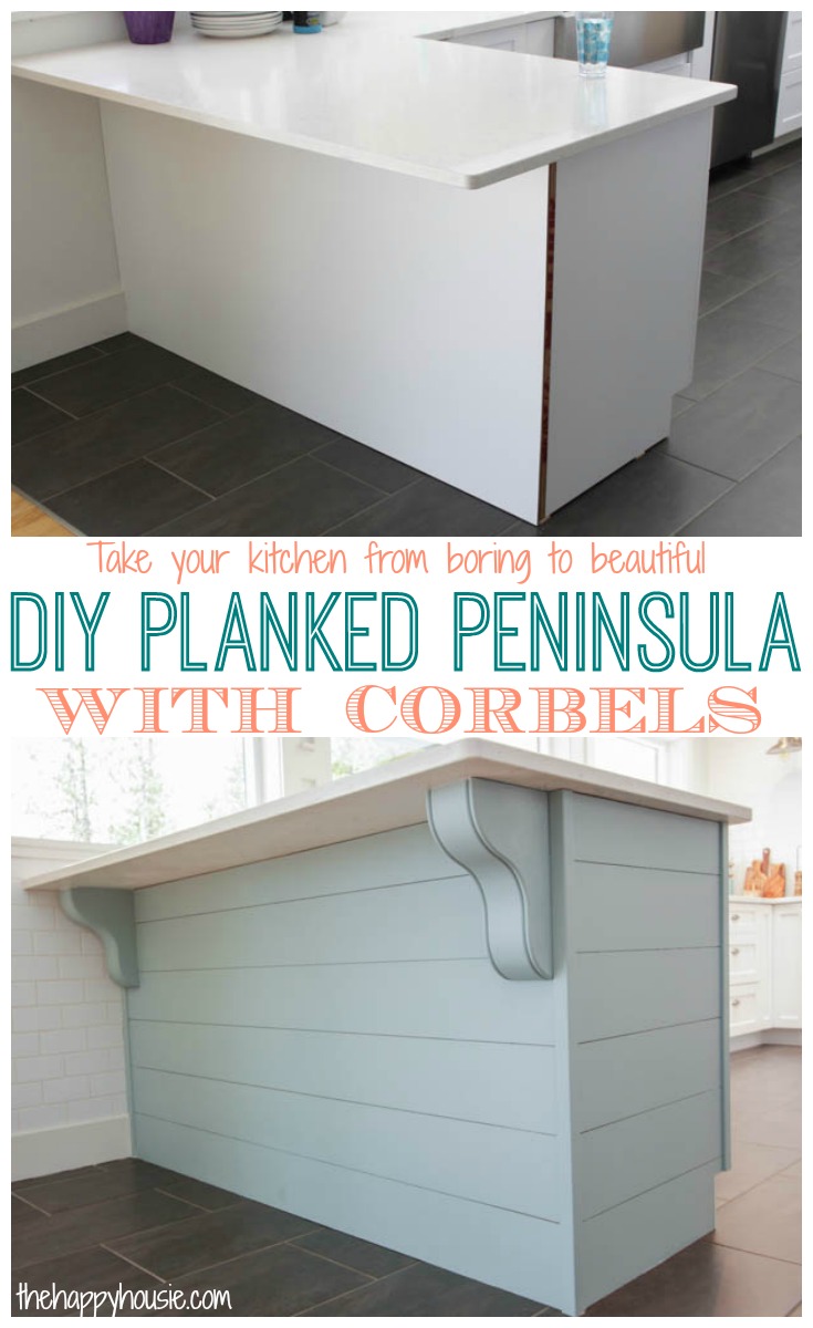 Turn your kitchen from boring builder basic to beautiful with a DIY Planked Peninsula with Corbels tutorial at thehappyhousie.com