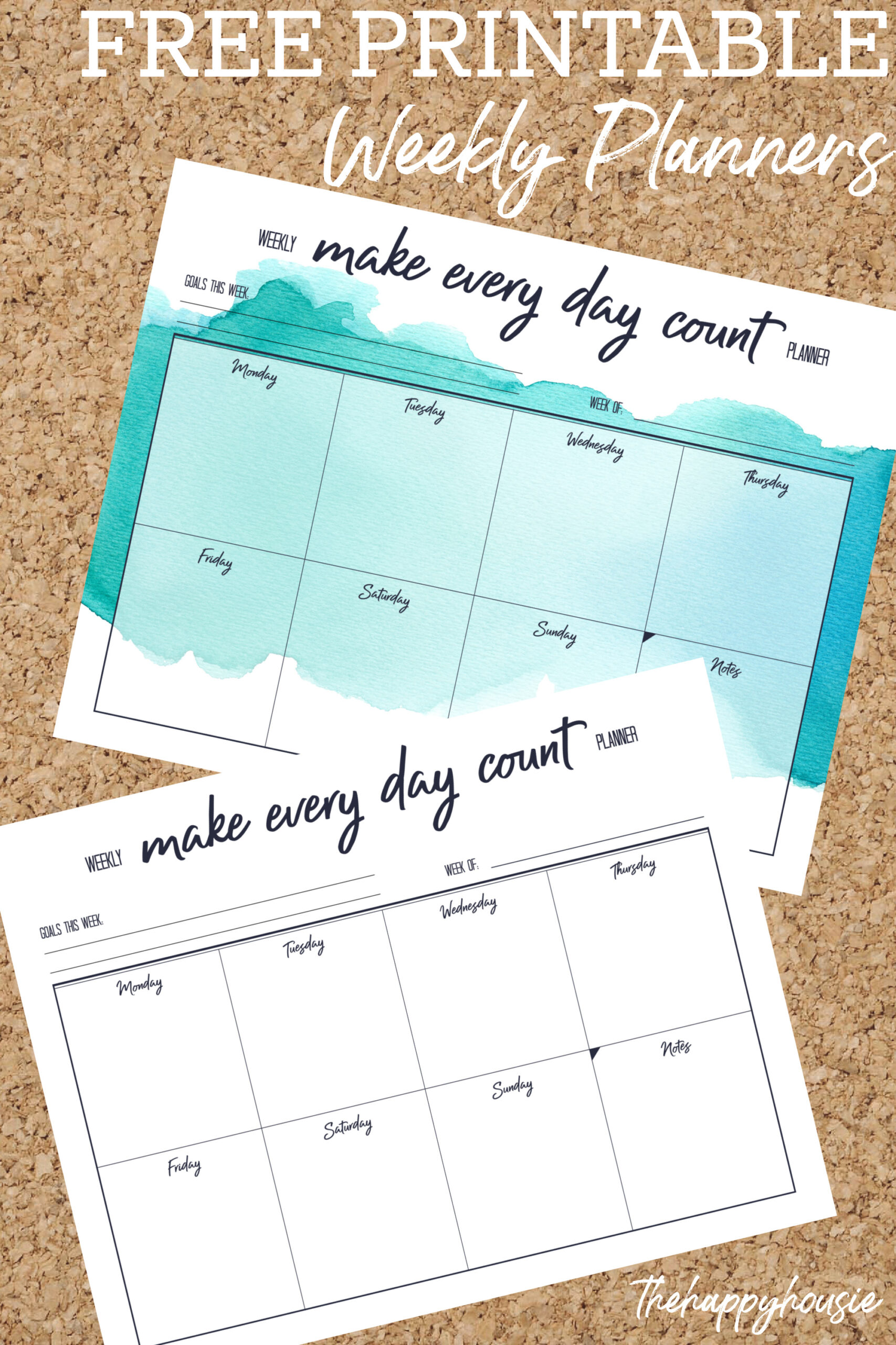 free printable weekly planners on a cork board background